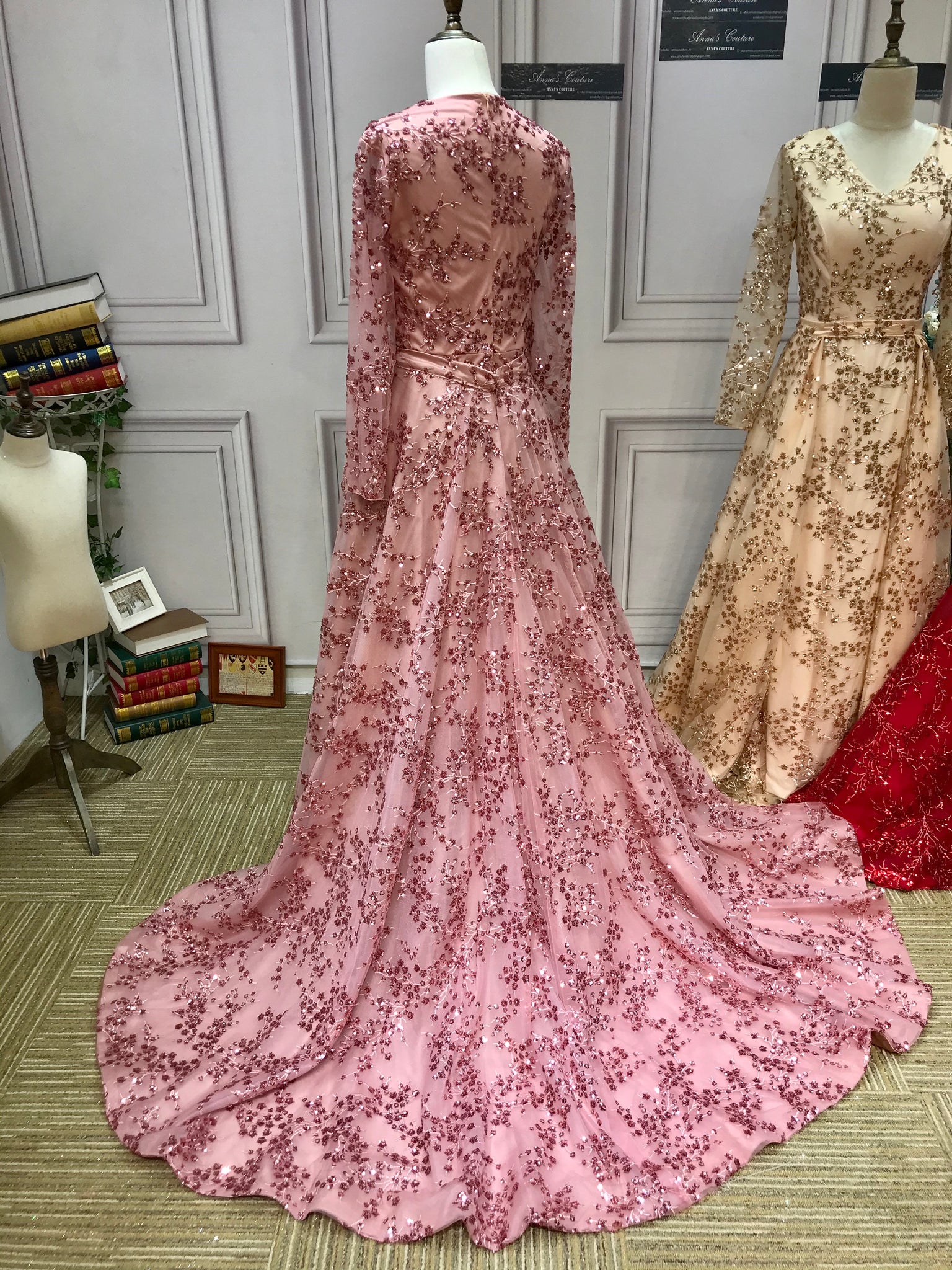 V Neck Lace Appliqued Dusty Pink Tulle Prom Dress - Promfy